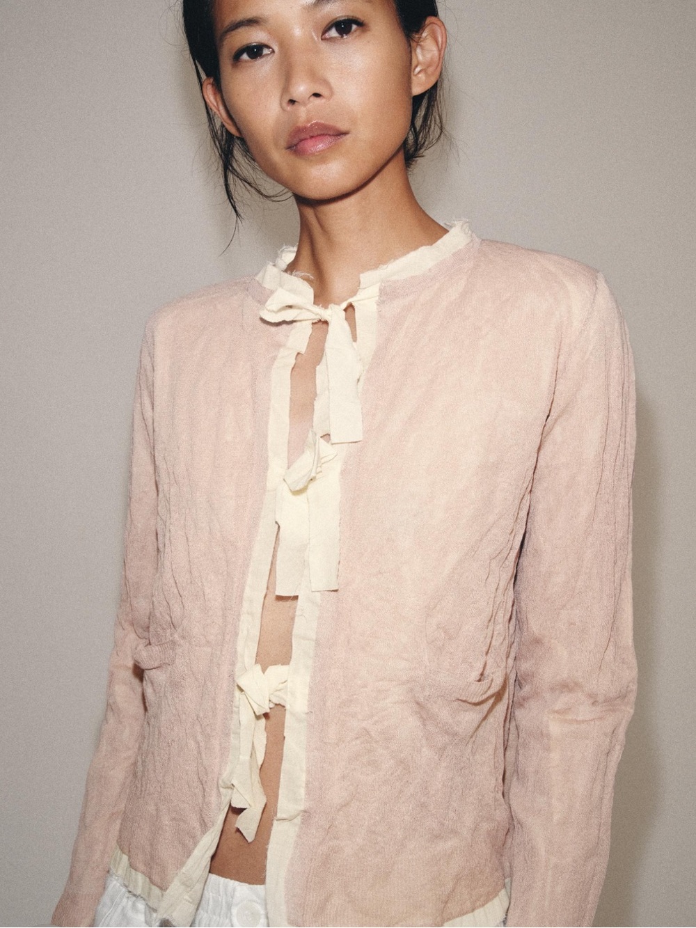 Zara Light Pink Jacket with Cream Tie-Front Trim